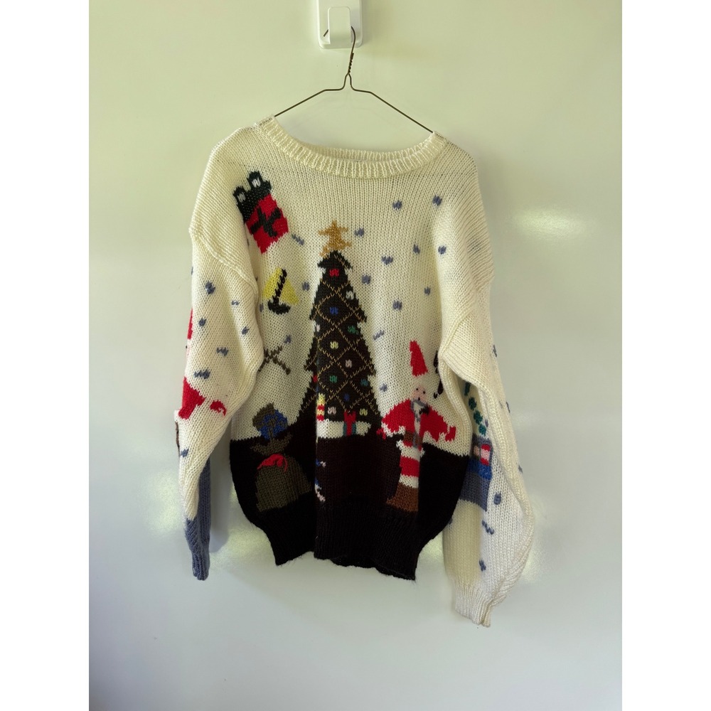 Windcrest‎ Vtg Women's Hand Knit Christmas Sweater Large Santa Tree Ugly Holiday